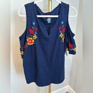 ❤️ St John’s Bay Embroidered Navy Cold Shoulder Top Large NWT 100% Cotton